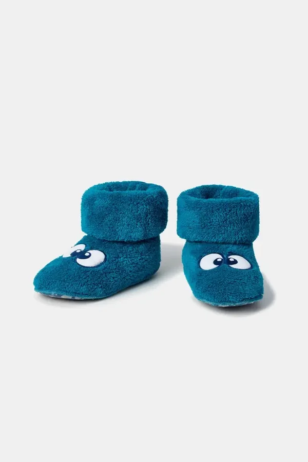 Petrol groene pantoffels met grappige oogjes, maat 34-37