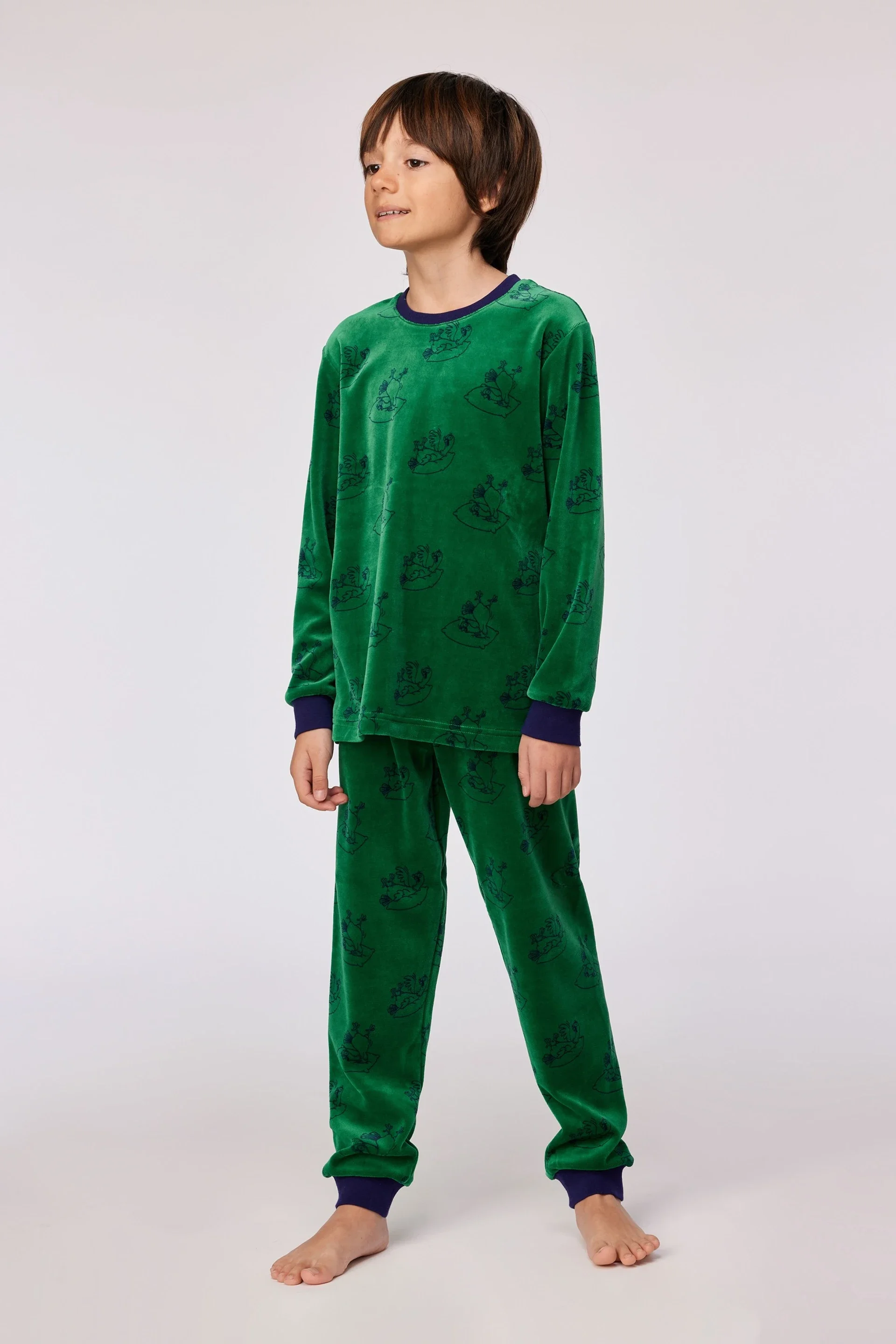 Groene pyjama in velours met duivenprint - 6 jaar