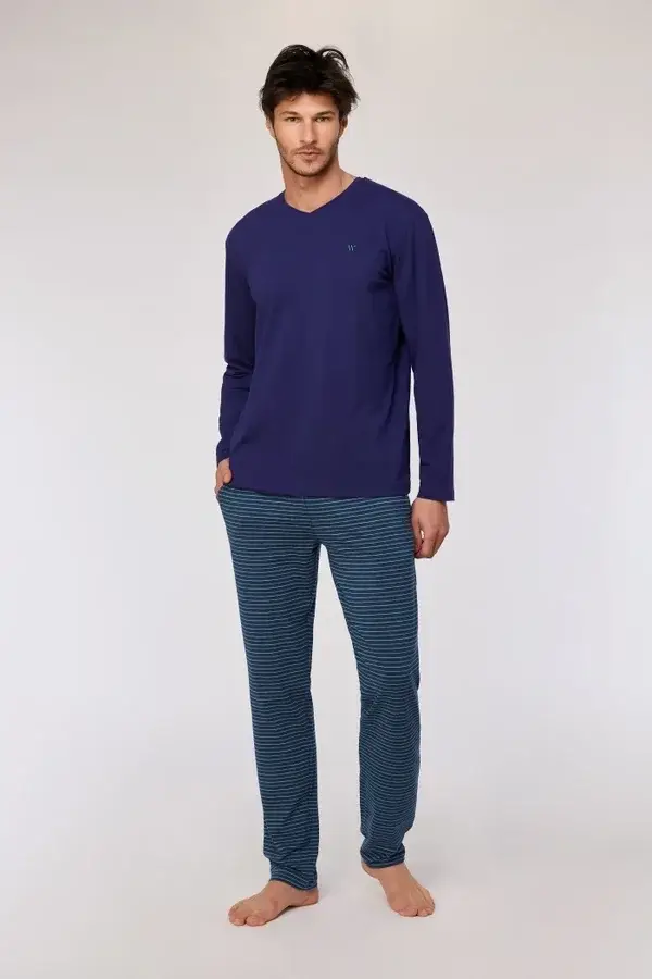 Donkerblauwe pyjama met gestreepte broek in katoen, X-large