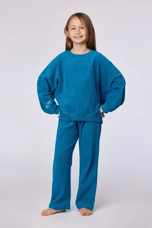 Groenblauw gestreepte pyjama in velours, 6 jaar
