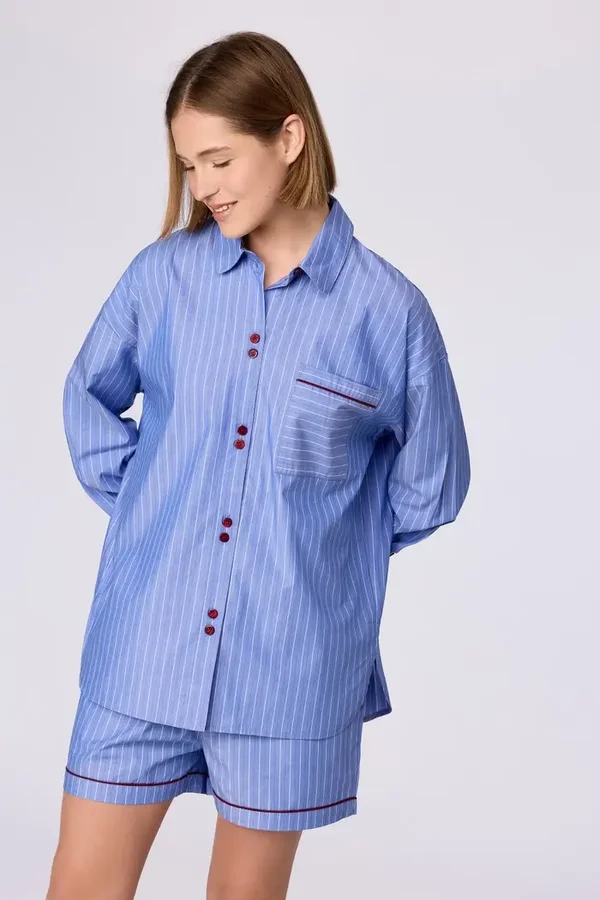 Blauw gestreepte pyjama van geweven katoen - medium