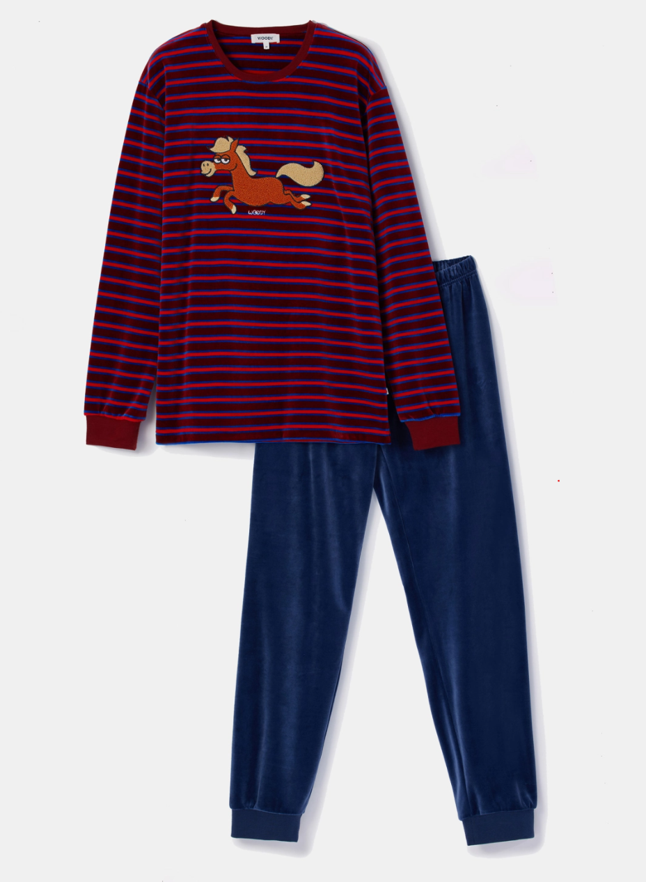 Rood gestreepte pyjama in velours met pony