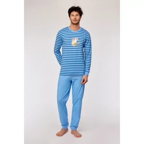 Blauw-geel gestreepte pyjama in katoen met kat, X-large