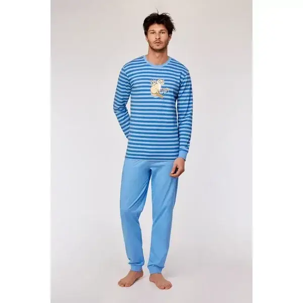 Blauw-geel gestreepte pyjama in katoen met kat, X-large