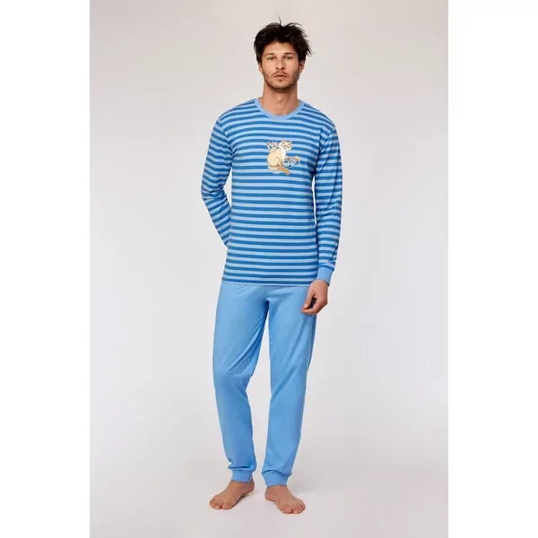 Blauw-geel gestreepte pyjama in katoen met kat, medium