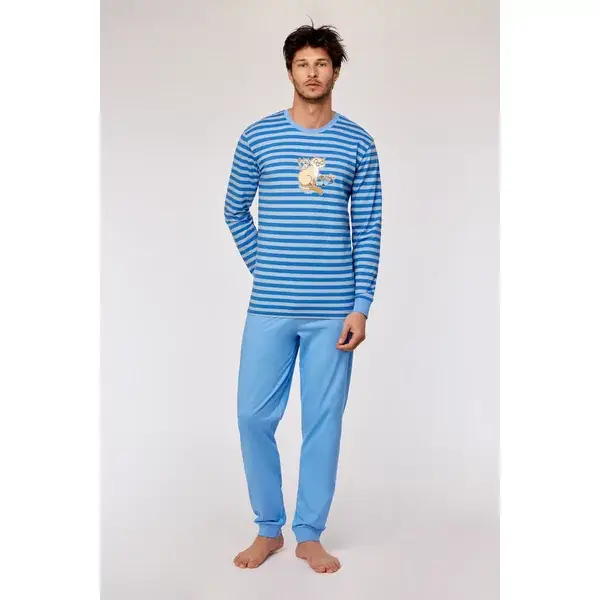 Blauw-geel gestreepte pyjama in katoen met kat, medium