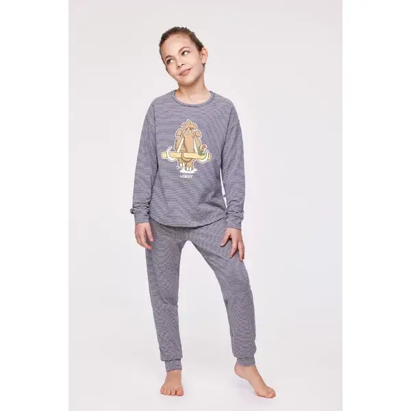 Mammoet Meisjes Pyjama - marineblauwe-beige streep - 12 jaar