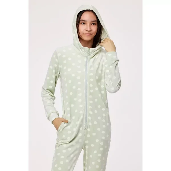 Dames Onesie, alloverprint bolletjes, muntgroen, medium