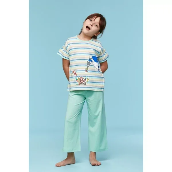Walvis Meisjes Pyjama - S stripe Woody whale striped, 2 jaar