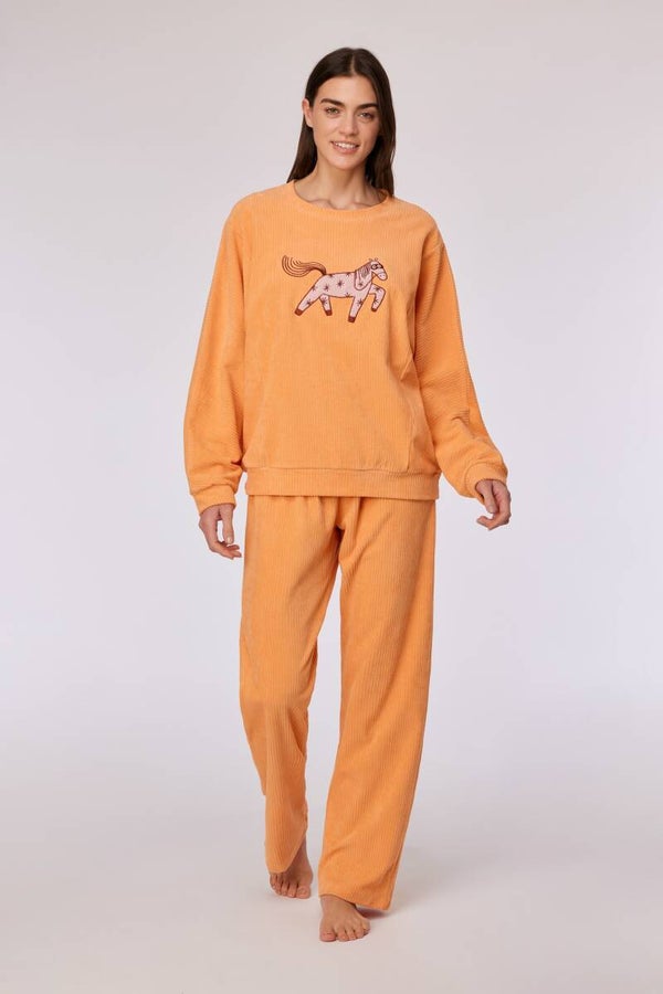 Zacht oranje gestreepte pyjama in velours, smal