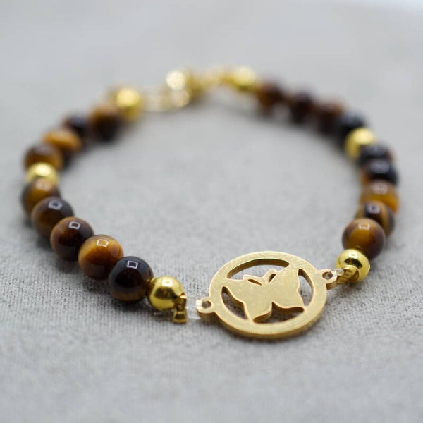 Edelsteen armband met rvs vlinder goud