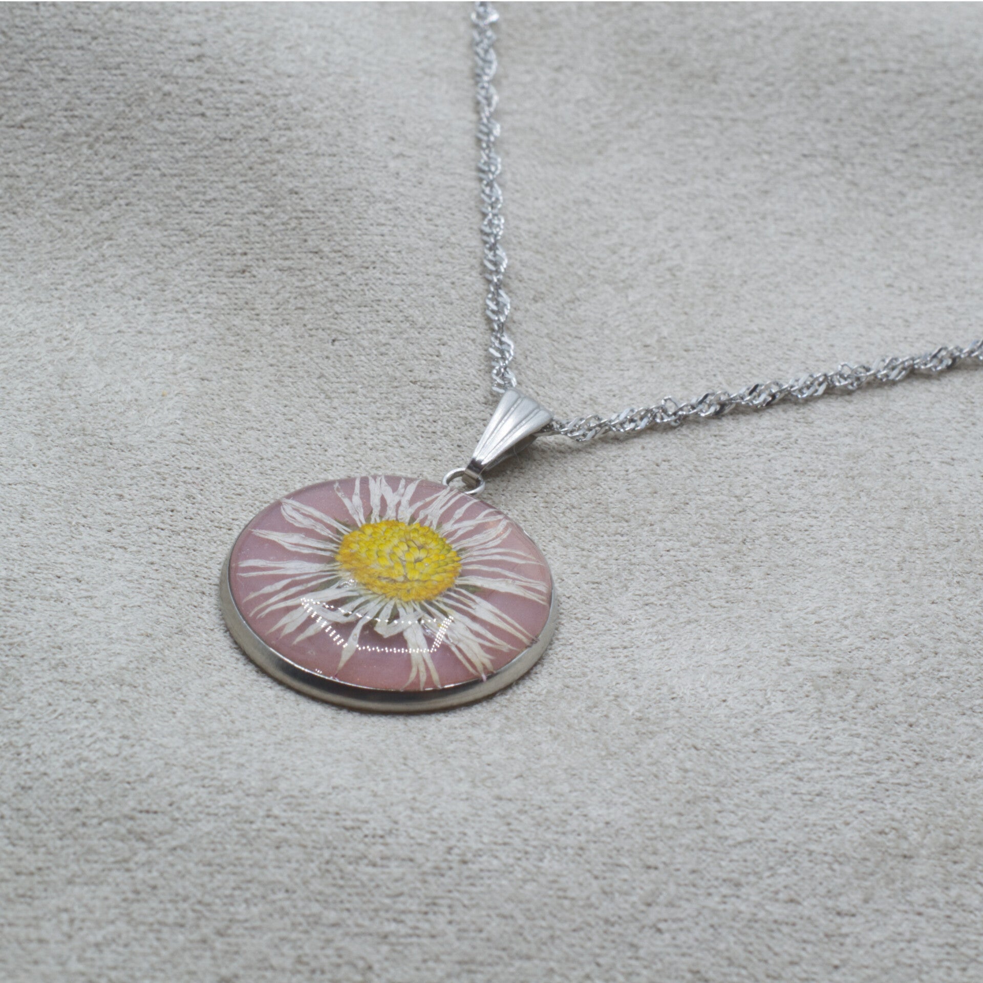 Droogbloem kettingen rvs, Pink sparkle