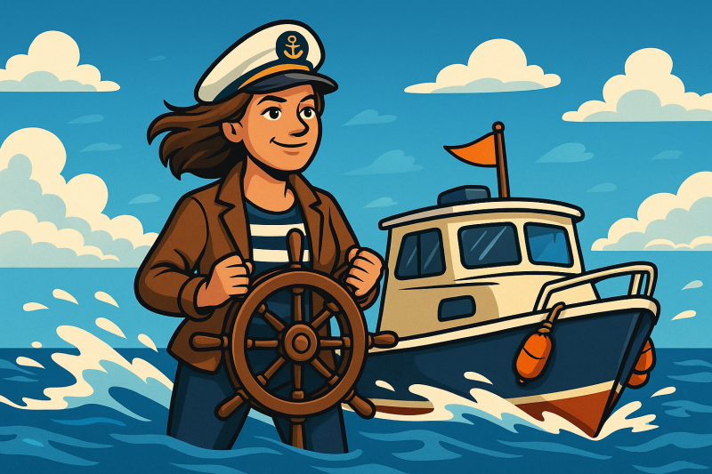 Zelfstandige vrouw varen als een kapitien cartoon afbeelding  boot varen de bootjes van verkade houten stuurwiel kapitein