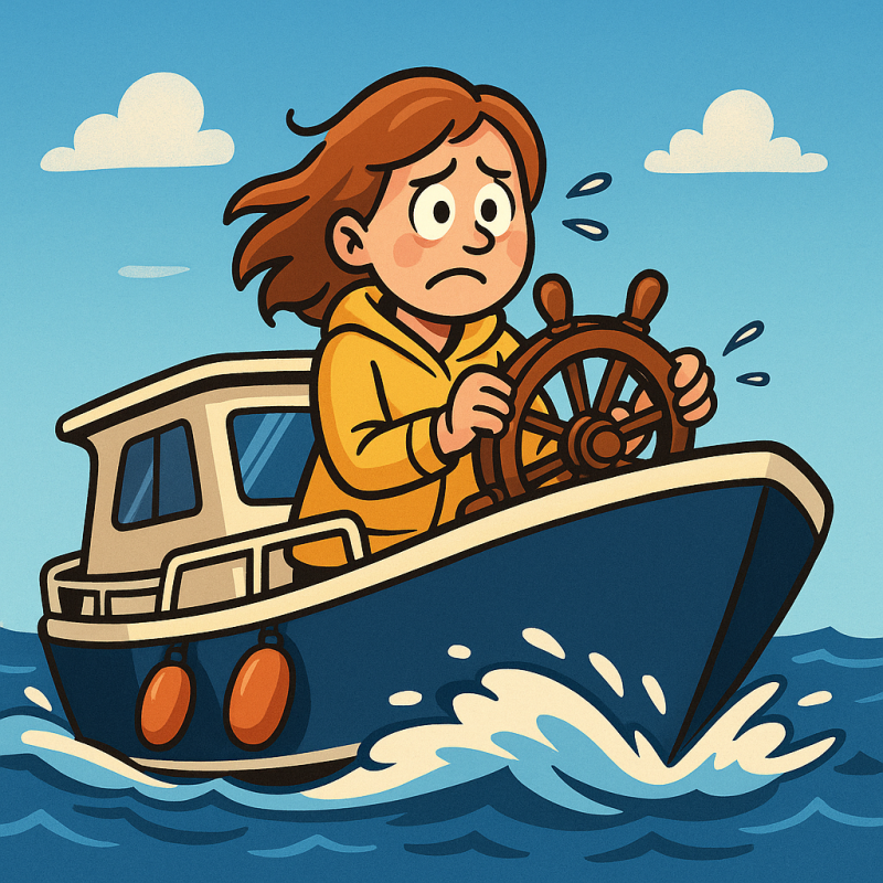 Ee vrouw die het spannend vind om te varen maar het toc doet . boot varen houten stuurwiel  cartoon afbeelding  de bootjes van verkade vaarles voor vrouwen  varen leer je door te doen