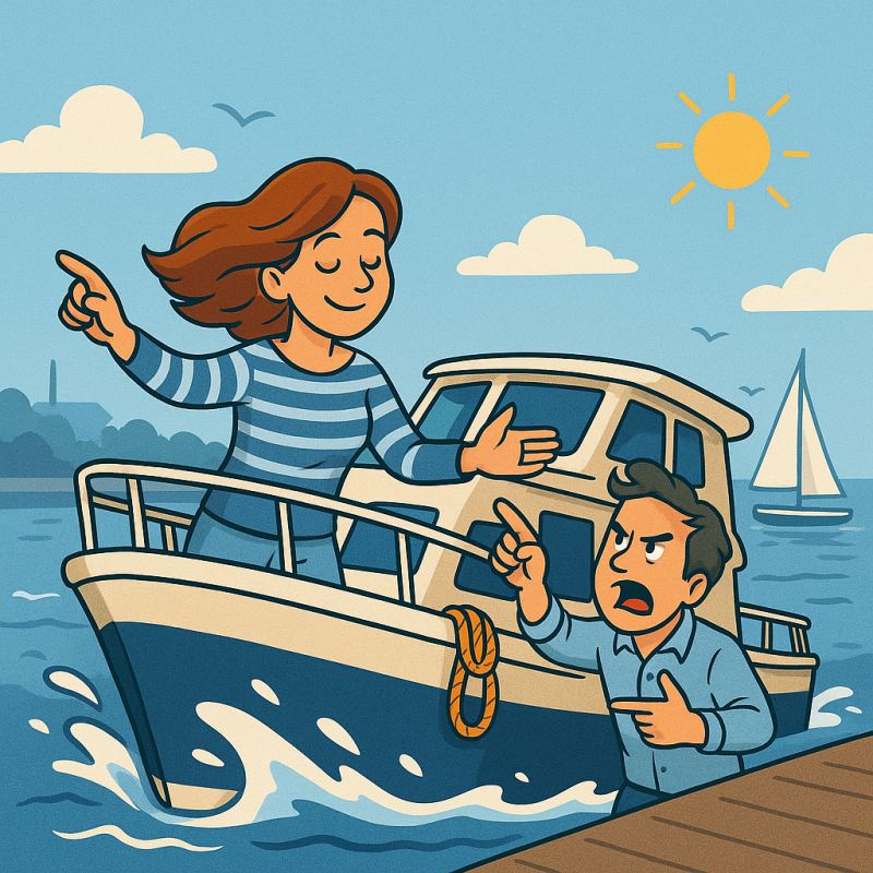 schreeuwende man naar zijn vrouw. zenuwachtig bij het aanmeren onkunde vaarles  boot varen vaarles boeken de bootjes van verkade leer varen leren met plezier 