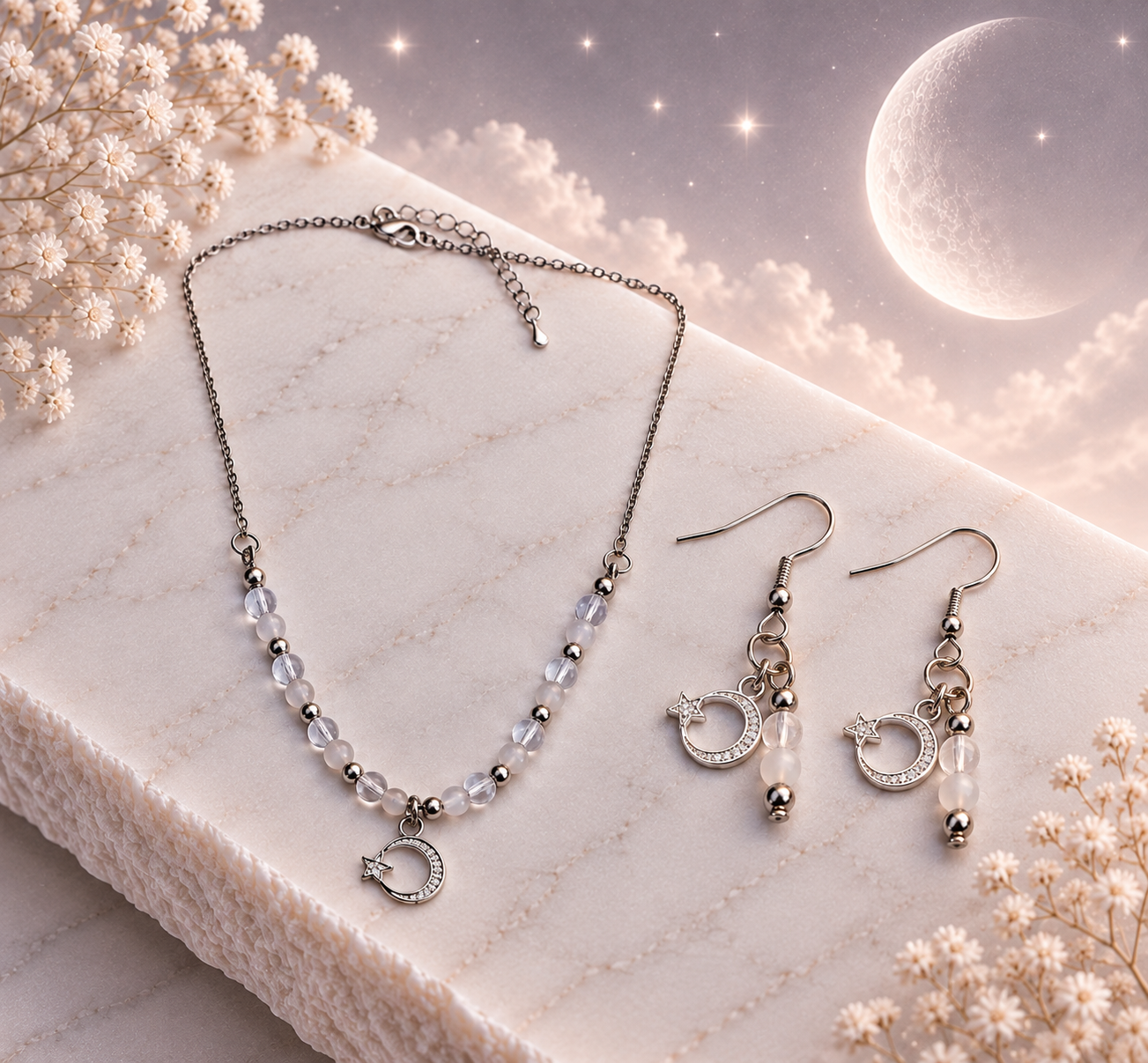Moonlight Ivory Sky - Ketting+Oorbellen