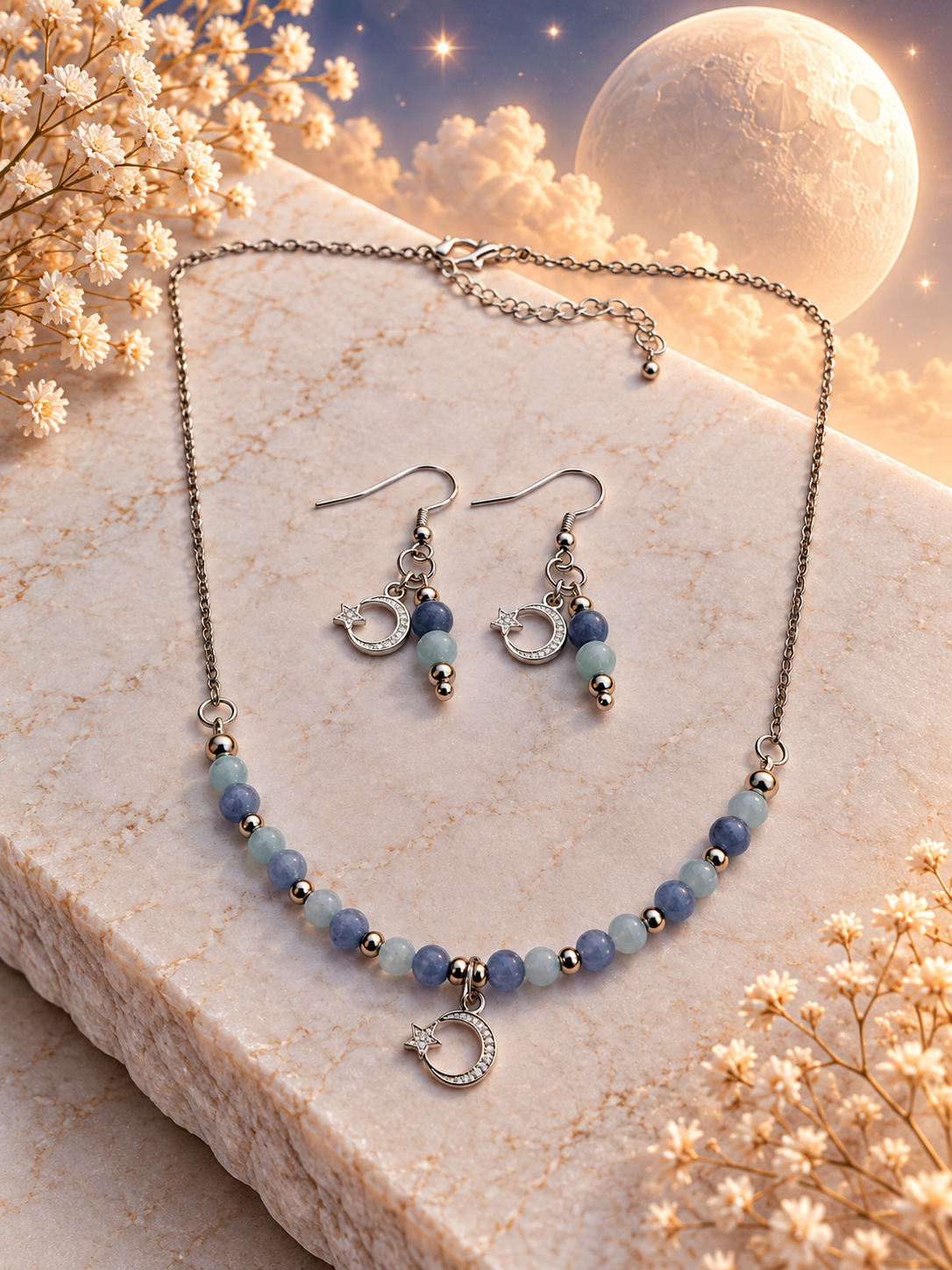 Rising Moon Ocean Breeze - Ketting+Oorbellen