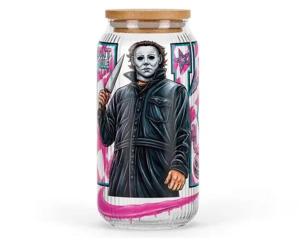 16 oz Libby designed glass tumbler with or without custom lid in Micheal mayers theme