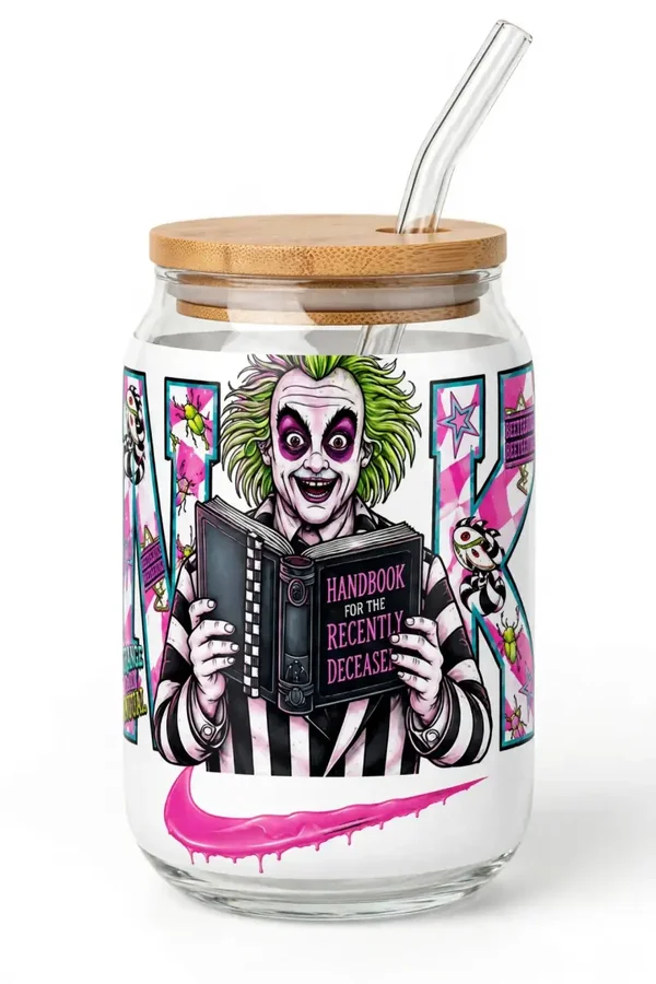 16 oz beetle juice design glass tumbler with or without custom lid design