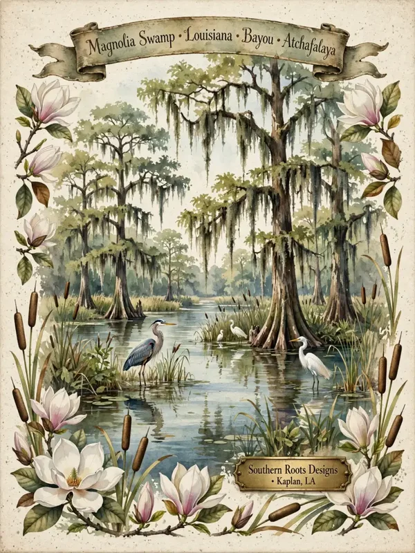 Magnolia Swamp • Atchafalaya Basin • LA - A serene landscape of cypress trees, herons, and Spanish moss.
