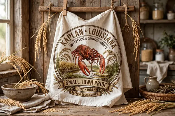Kitchen towel , flour sack white or tan in color crawfish design.