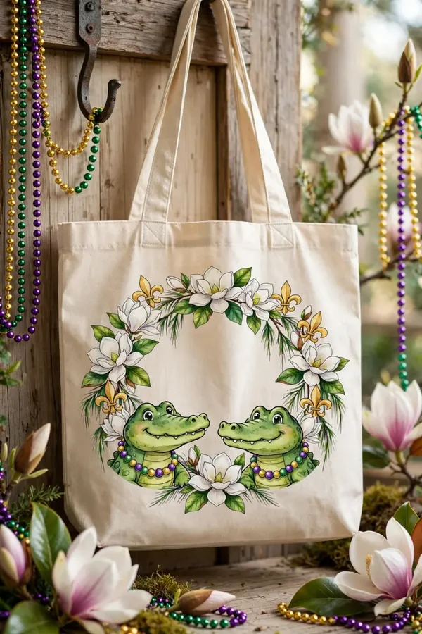 Louisiana twin gator tote design with magnolia. Canvas bag in med/large size