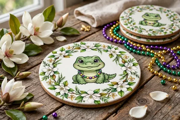 Baby gator coaster design in 4 pc ceramic design, round 4x4