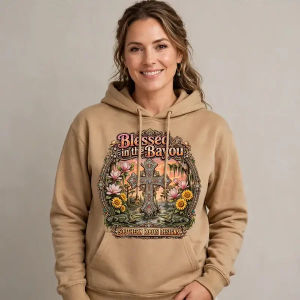 Hoodie peach design with Louisiana swamp, church steeple and sunset design on hoodie