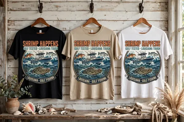 Shrimp happens design T-shirt in multiple colors