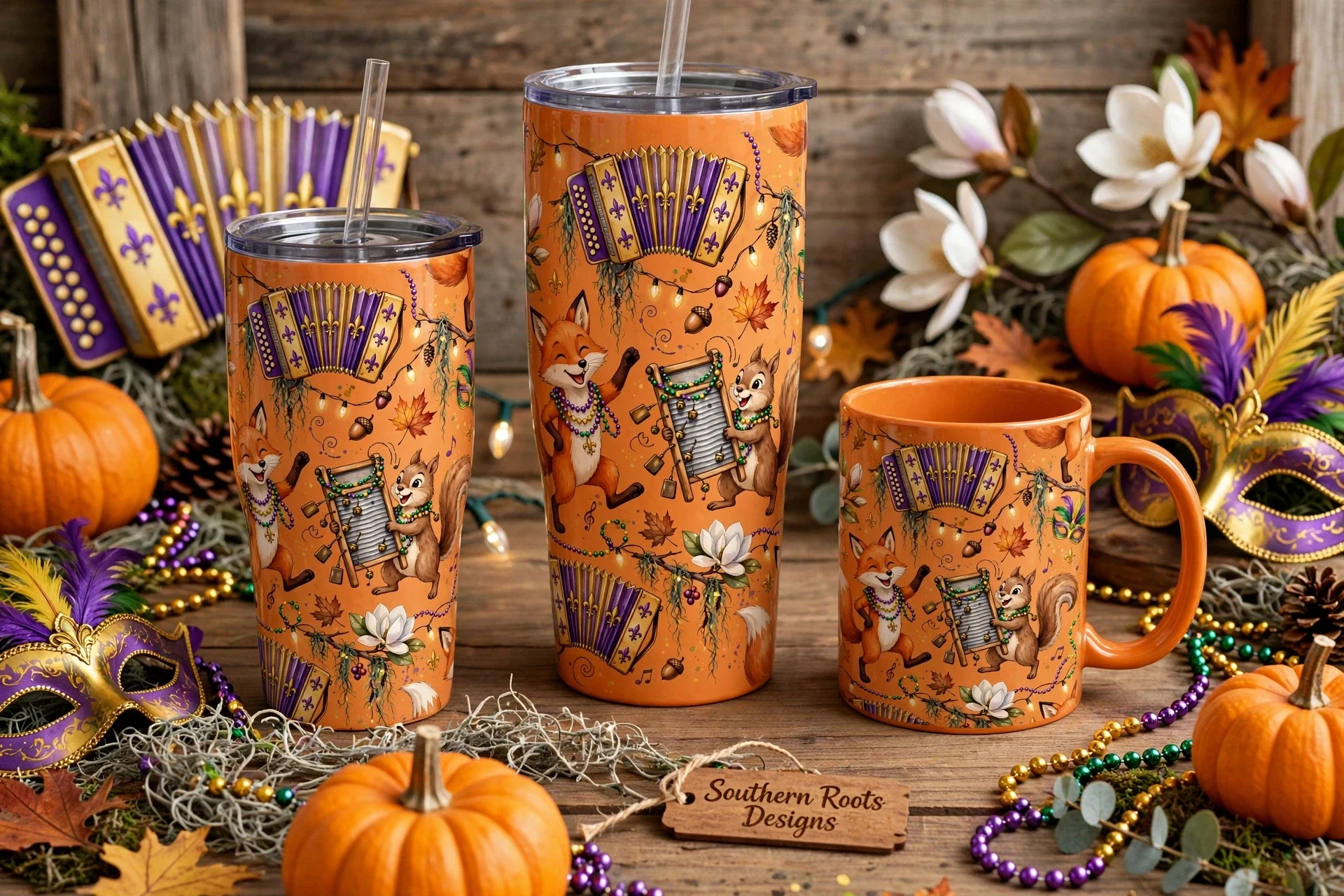 Pumpkin color cozy woodland design mug and tumblers