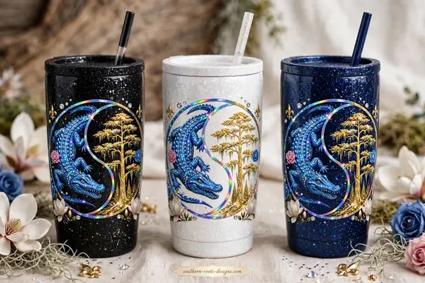 Bayou ying and yang holographic on glitter tumbler in 20 oz or 30 oz