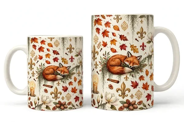 Fall sleeping fox Louisiana themed designs, light background 11oz or 15 oz design