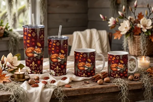 Burgundy design sleeping fox them mug and tumbler