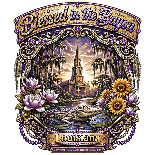 Purple blessed in the bayou, glam collection, bayou sunset, gator , church steeple design T-shirt