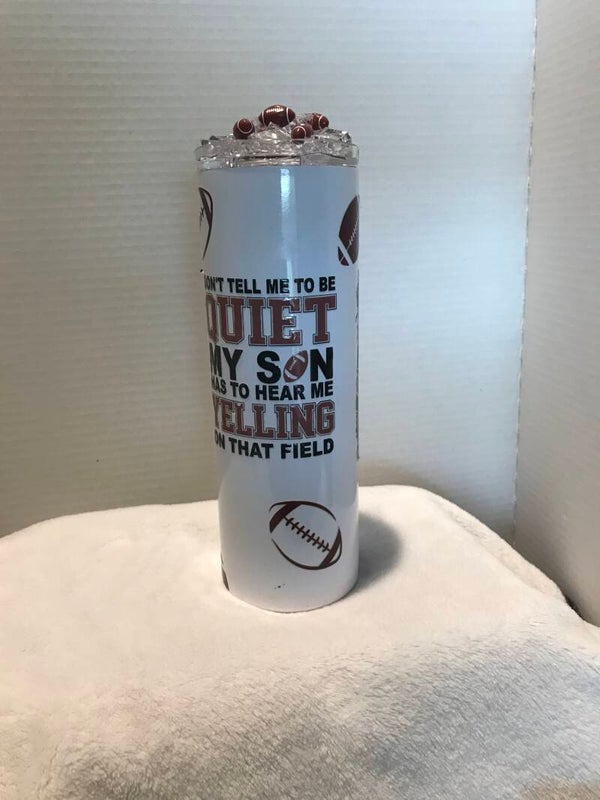 Custom football mom design with custom lid, 20 oz stainless steel with ice lid .