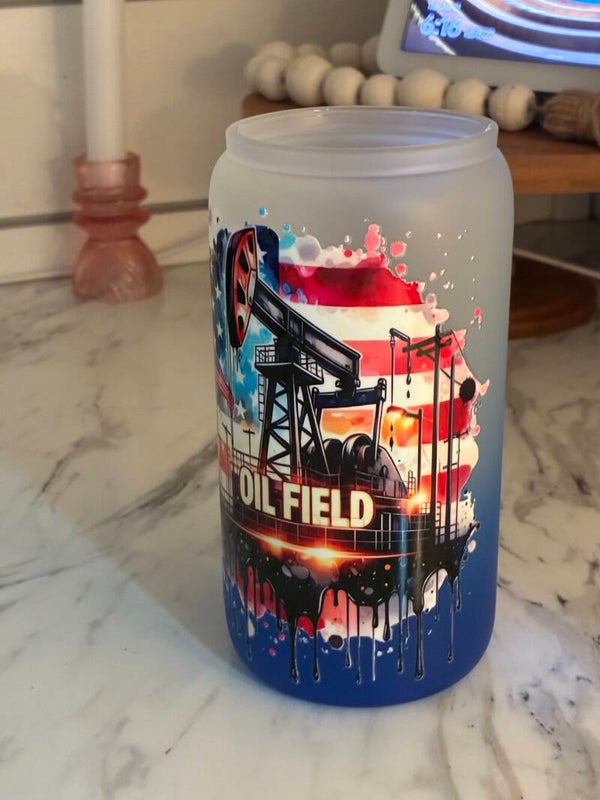Oilfield customer design 16 oz frosted tumbler with custom lid.