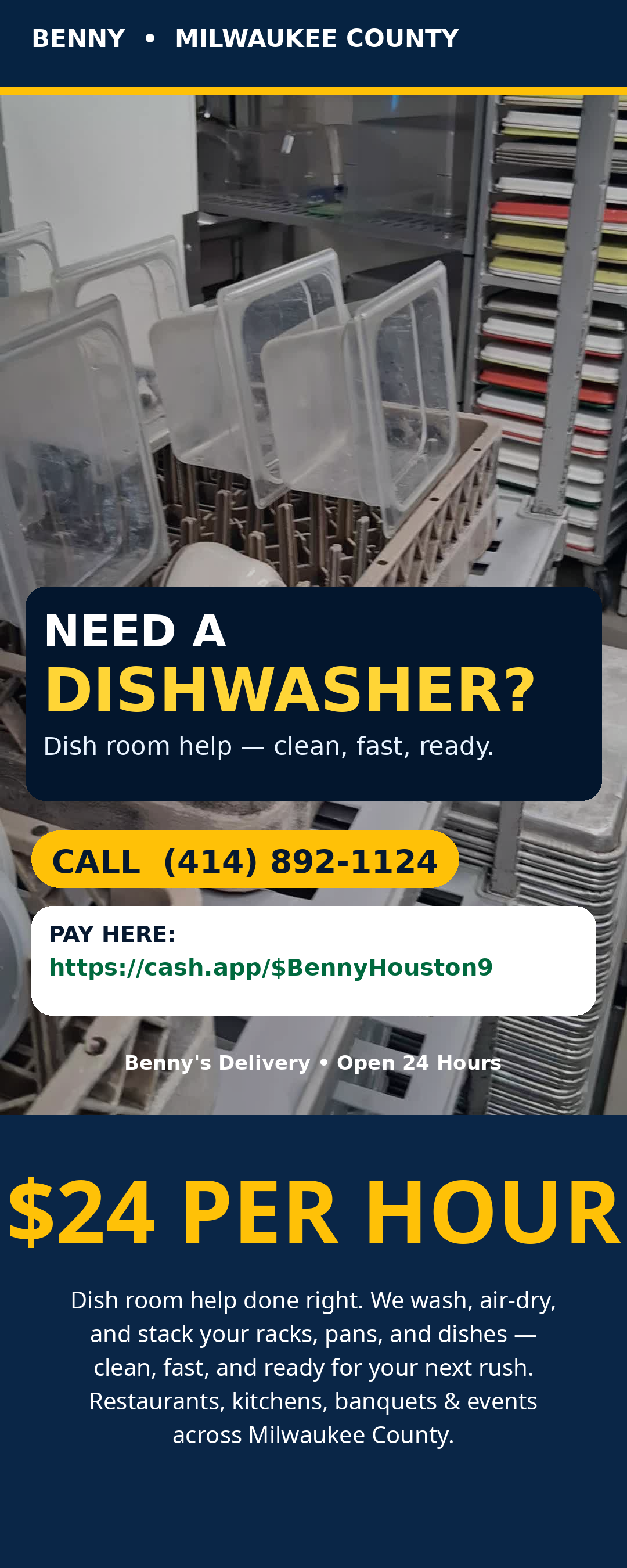 Dish room estimate — $35 paid up front