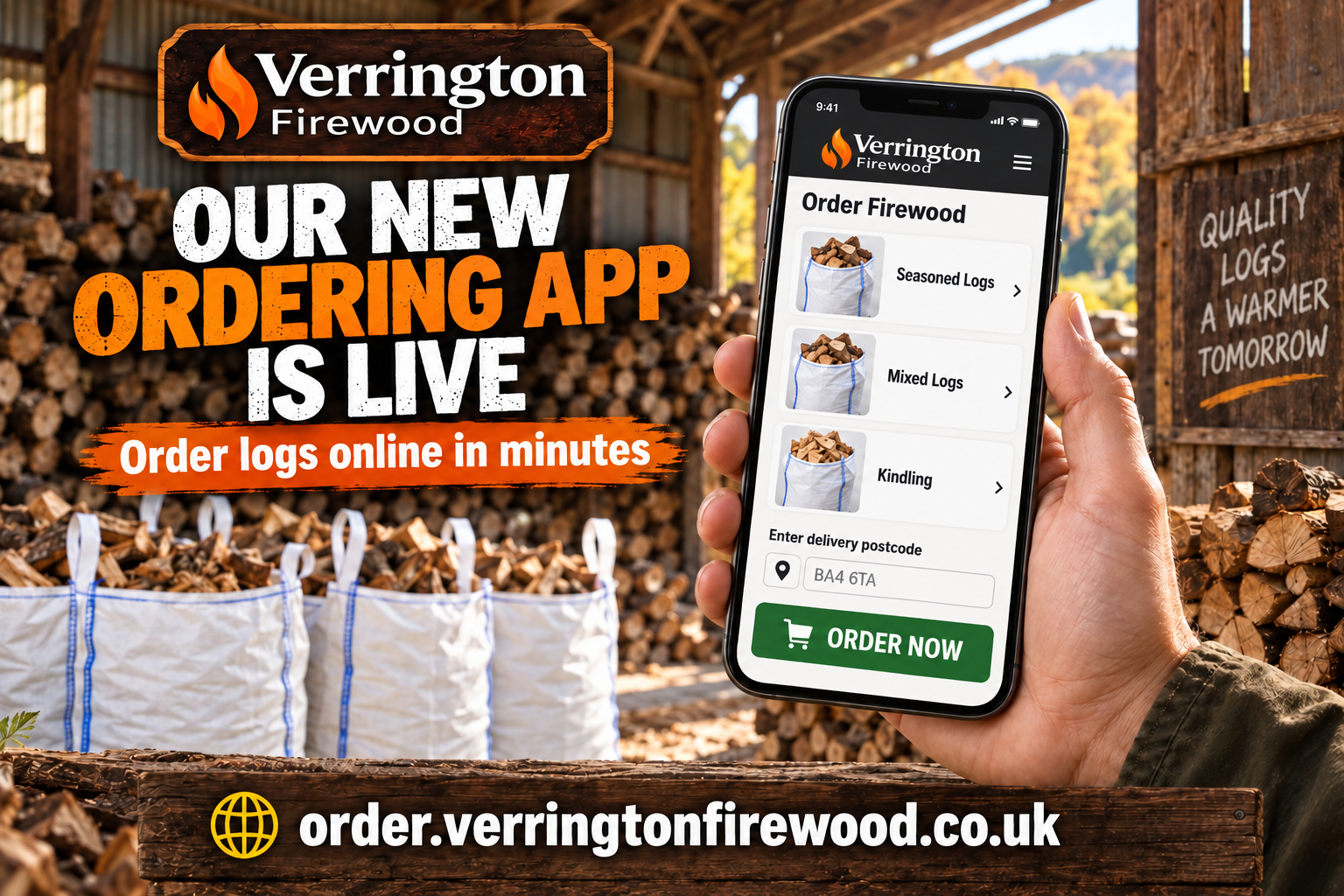 Verrington Firewood ordering app: browse logs and arrange local delivery online