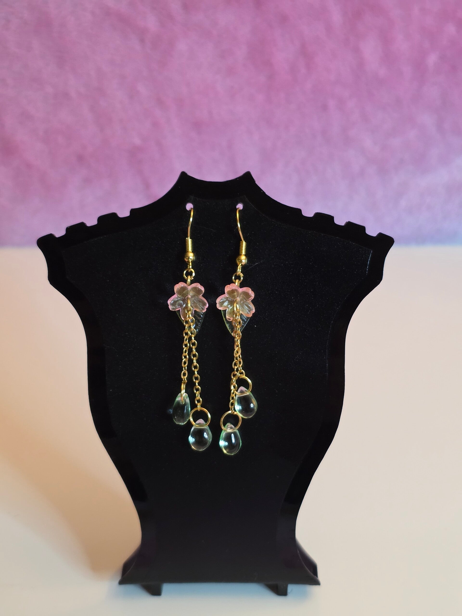 Pink and Green Flower Earrings