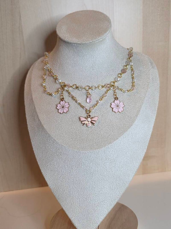 Gold and Pink Bee Necklace