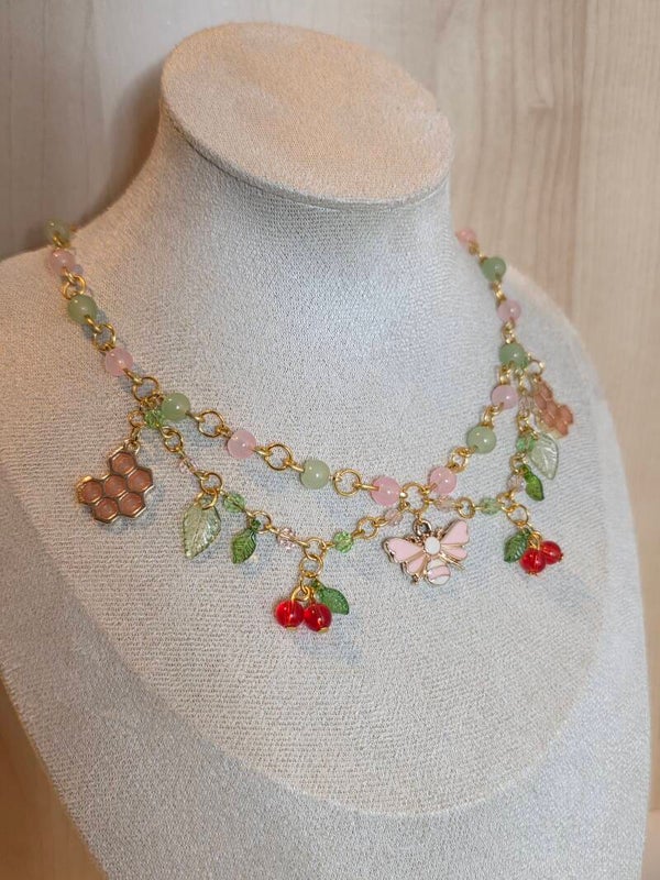 Gold Bee and Cherry Necklace