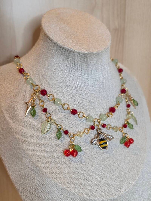 Gold Bee and Cherry Necklace