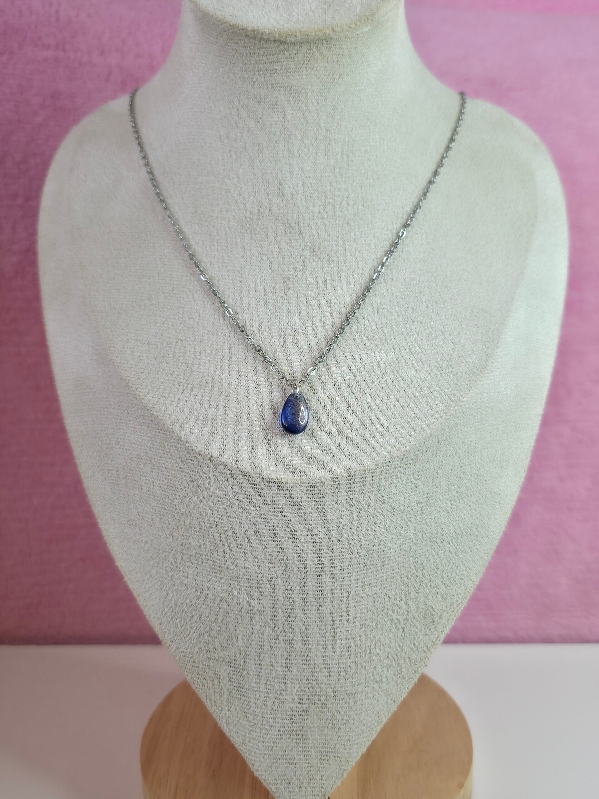 Dark Blue Gold Glitter Glass Drop Necklace