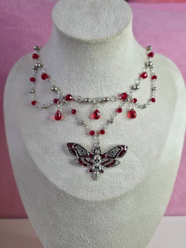 Silver and Red Moth Necklace