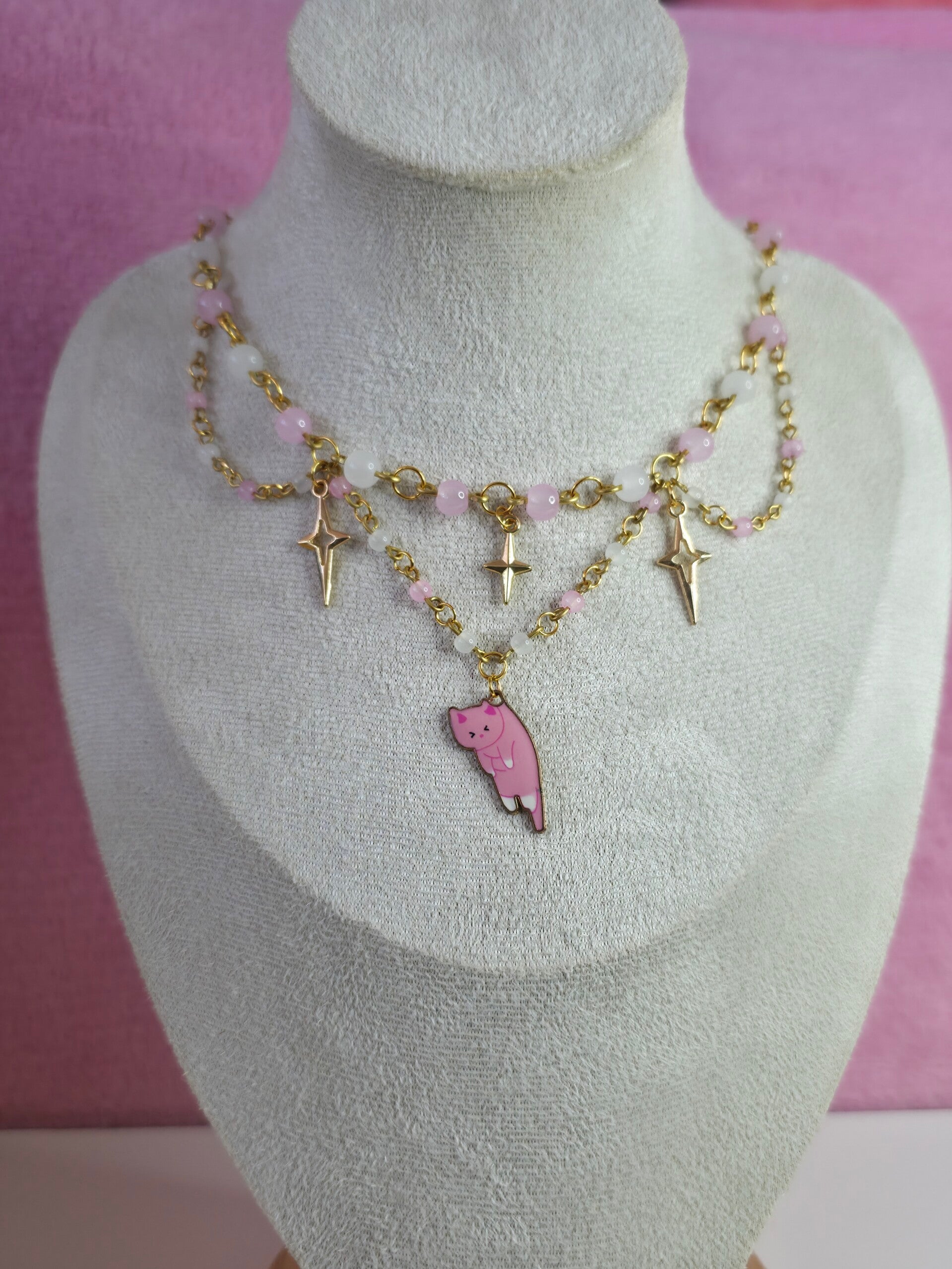Gold White and Pink Cat Necklace