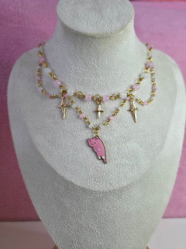 Gold White and Pink Cat Necklace