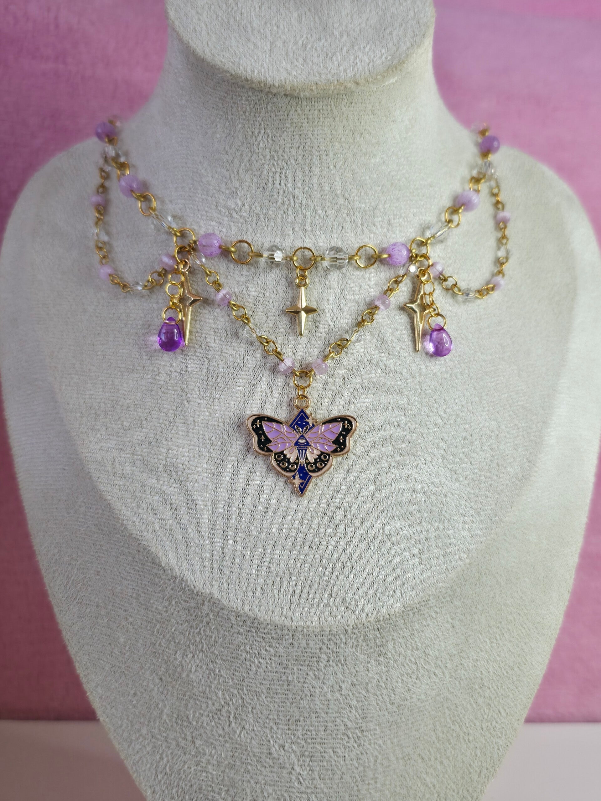 Gold and Purple Moth Necklace