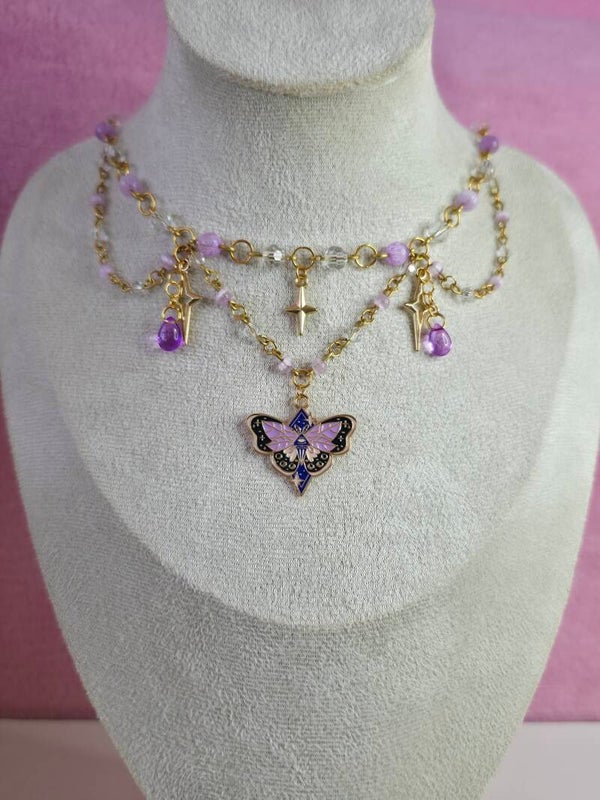 Gold and Purple Moth Necklace