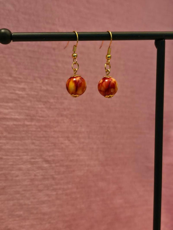 Gold Red Marbled Earrings