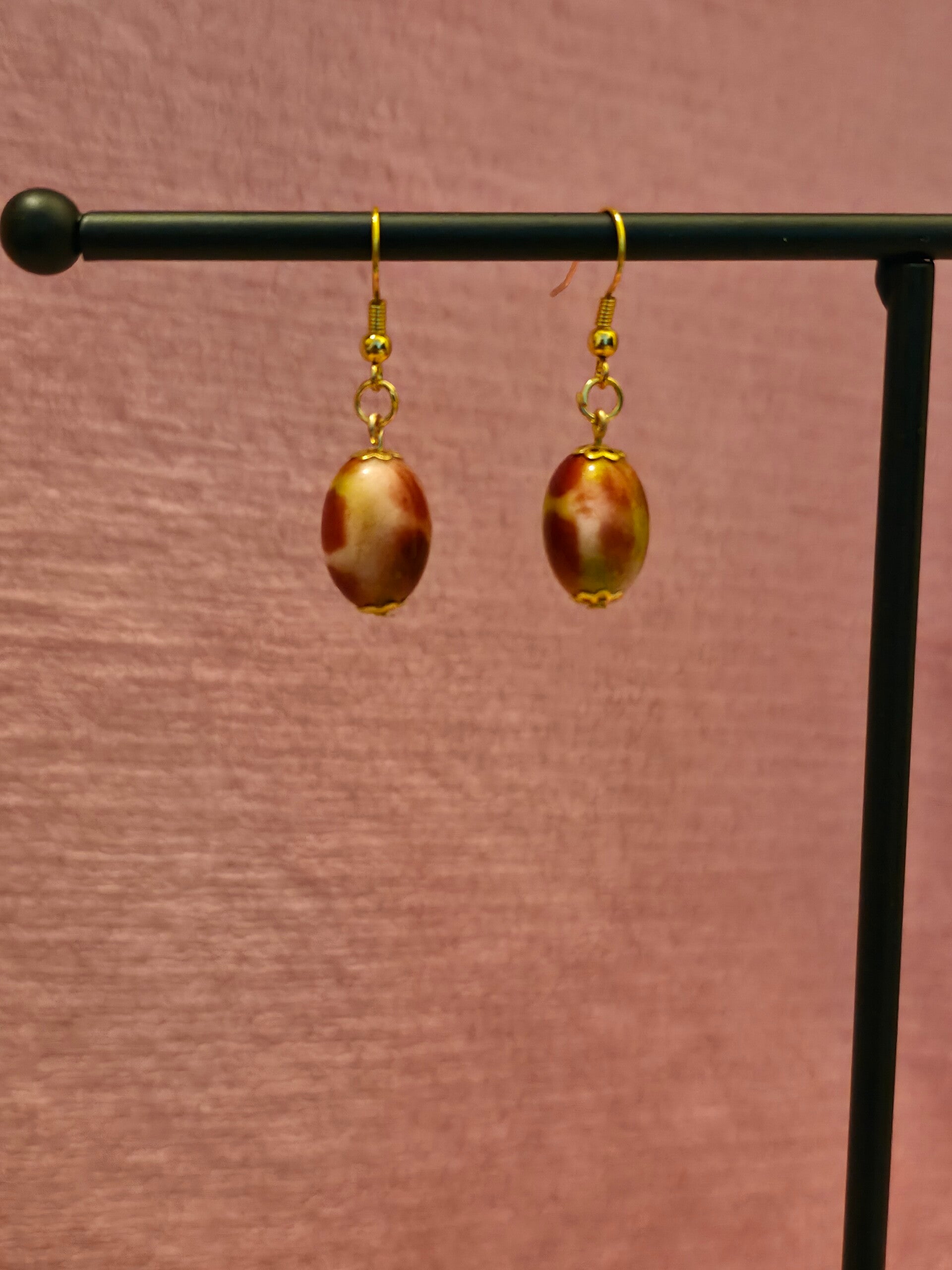 Gold Red Marbled Earrings